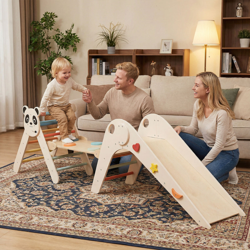 Triangle Set Foldable Kids Climbing Toys Panda-Themed Wood Montessori Climbing Set