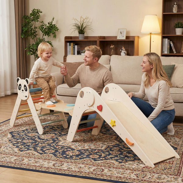 Triangle Set Foldable Kids Climbing Toys Panda-Themed Wood Montessori Climbing Set