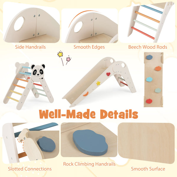 Triangle Set Foldable Kids Climbing Toys Panda-Themed Wood Montessori Climbing Set