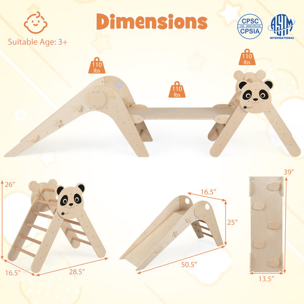 Triangle Set Foldable Kids Climbing Toys Panda-Themed Wood Montessori Climbing Set