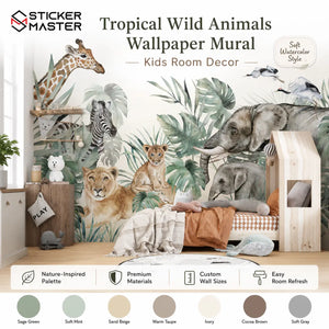 Tropical Wild Animals Safari Nursery Wallpaper Mural by Sticker Master