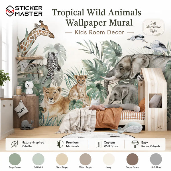 Tropical Wild Animals Safari Nursery Wallpaper Mural by Sticker Master