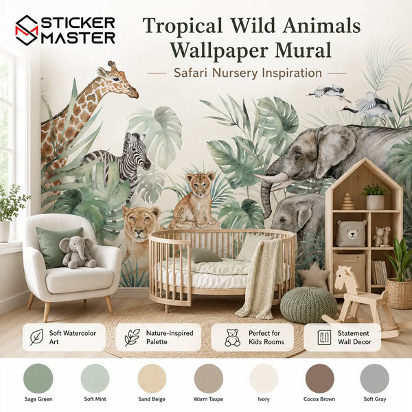 Tropical Wild Animals Safari Nursery Wallpaper Mural by Sticker Master