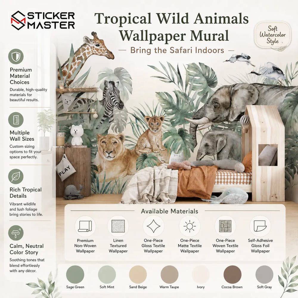 Tropical Wild Animals Safari Nursery Wallpaper Mural by Sticker Master