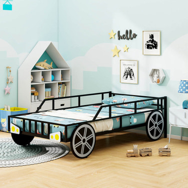 Twin-Size Kids Metal Bed Frame Car-Shaped with Safety Guardrails-Twin Size