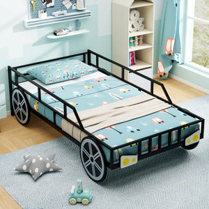 Twin-Size Kids Metal Bed Frame Car-Shaped with Safety Guardrails-Twin Size