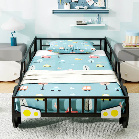 Twin-Size Kids Metal Bed Frame Car-Shaped with Safety Guardrails-Twin Size