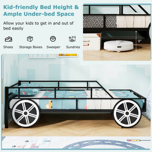 Twin-Size Kids Metal Bed Frame Car-Shaped with Safety Guardrails-Twin Size