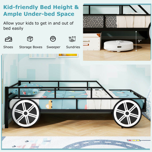 Twin-Size Kids Metal Bed Frame Car-Shaped with Safety Guardrails-Twin Size