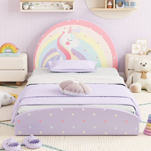 Upholstered twin floor bed frame for kids in purple with 210D Oxford cloth floor mat, perfect for toddlers.