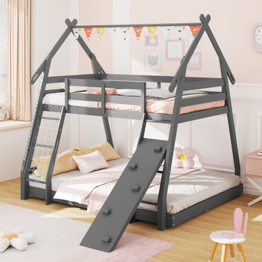 Twin Over Queen Bunk Bed Wooden Kids Bed with Climbing Nets and Ramp-Gray
