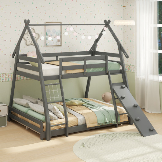 Twin Over Queen Bunk Bed Wooden Kids Bed with Climbing Nets and Ramp-Gray