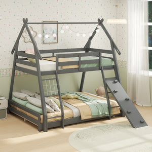 Twin Over Queen Bunk Bed Wooden Kids Bed with Climbing Nets and Ramp-Gray