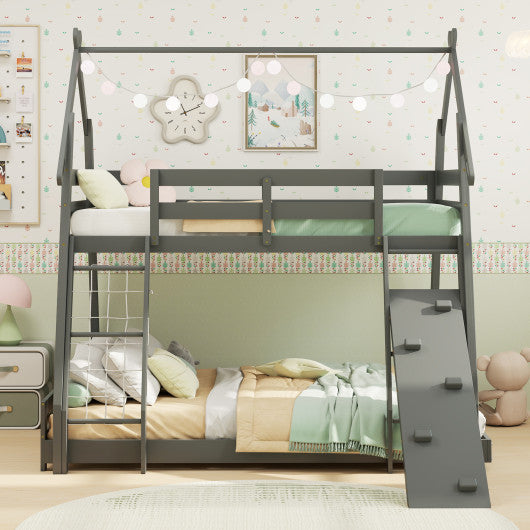 Twin Over Queen Bunk Bed Wooden Kids Bed with Climbing Nets and Ramp-Gray