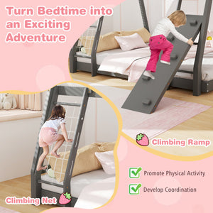 Twin Over Queen Bunk Bed Wooden Kids Bed with Climbing Nets and Ramp-Gray