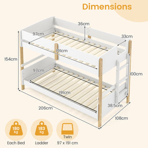 Twin Over Twin Bunk Bed with Ladder Convertible to 2 Twin Beds Toddler Wood Bunk Bed