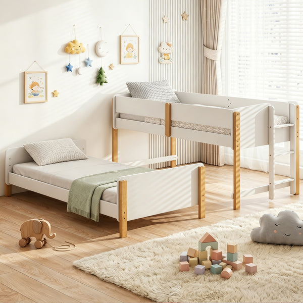 Twin Over Twin Bunk Bed with Ladder Convertible to 2 Twin Beds Toddler Wood Bunk Bed