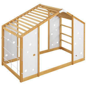 Twin size Montessori floor bed with monkey bars in natural and white, perfect for toddlers. Angle 3 view.