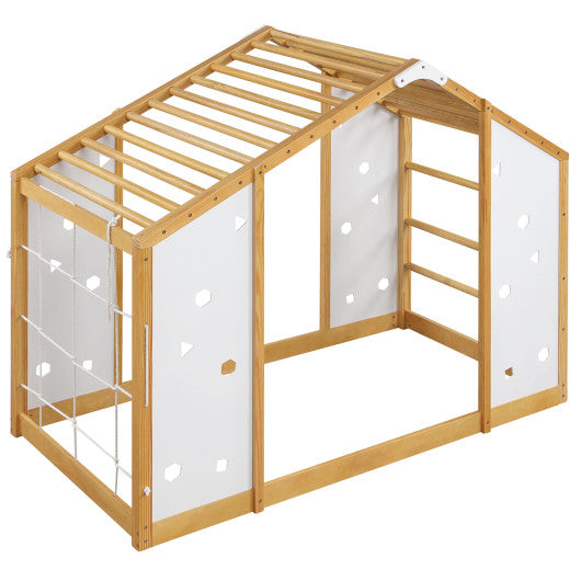 Twin size Montessori floor bed with monkey bars in natural and white, perfect for toddlers. Angle 3 view.