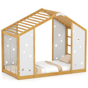 Twin size Montessori floor bed with monkey bars in natural and white, angled view for toddlers.