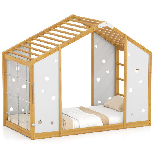 Twin size Montessori floor bed with monkey bars in natural and white, angled view for toddlers.