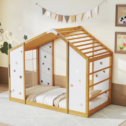 Twin size Montessori floor bed with monkey bars in natural and white for toddlers. Safe and fun climbing design.
