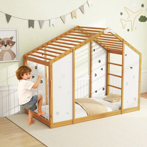 Twin size Montessori floor bed with monkey bars in natural and white, perfect for toddlers. Angle view.
