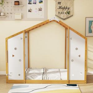 Twin size Montessori floor bed with monkey bars in natural and white, perfect for toddlers. Angle view 6.