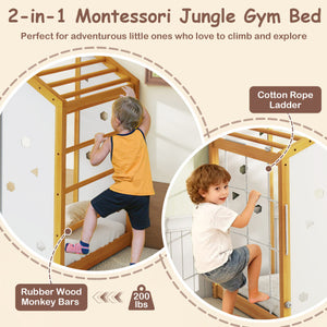 Twin size Montessori floor bed with monkey bars in natural and white, perfect for toddlers. Angle view 7.