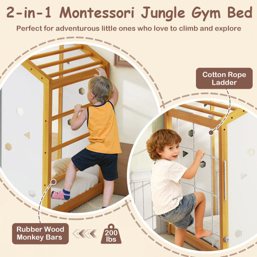 Twin size Montessori floor bed with monkey bars in natural and white, perfect for toddlers. Angle view 7.