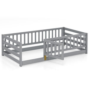 Twin Size Floor Bed with High Fence and Door Playhouse for Kids-Gray