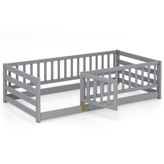 Twin Size Floor Bed with High Fence and Door Playhouse for Kids-Gray