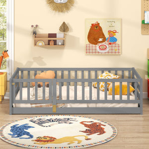 Twin Size Floor Bed with High Fence and Door Playhouse for Kids-Gray