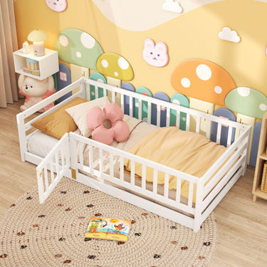 Twin size floor bed with high fence and door playhouse for kids in white, perfect for toddlers' safe and fun sleeping space.