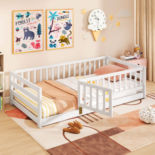 Twin size floor bed with high fence and door playhouse for kids in white, perfect for toddlers' safe and fun sleeping space.