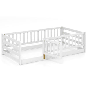 Twin Size Floor Bed with High Fence and Door Playhouse for Kids-White