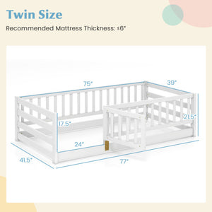 Twin Size Floor Bed with High Fence and Door Playhouse for Kids-White