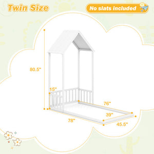 Twin Size House Bed with House Shape Roof and Semi-Fence-White