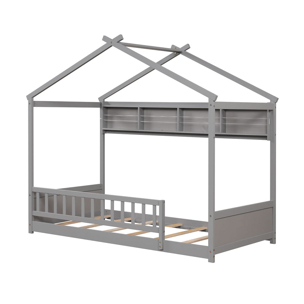 Twin Size House Bed with Storage Shelf and Headboard