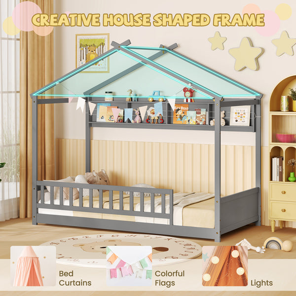Twin Size House Bed with Storage Shelf and Headboard