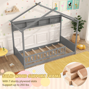 Twin Size House Bed with Storage Shelf and Headboard