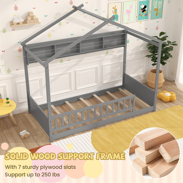 Twin Size House Bed with Storage Shelf and Headboard