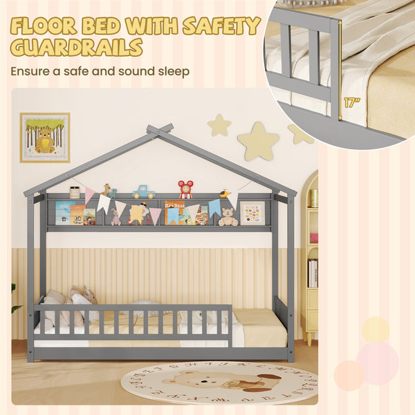 Twin Size House Bed with Storage Shelf and Headboard
