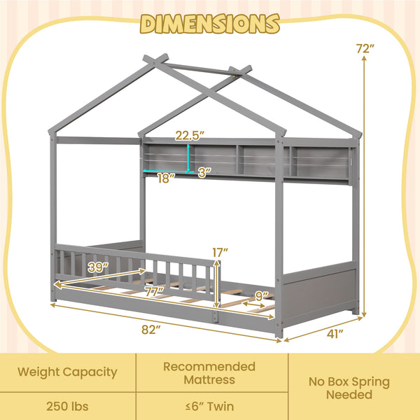 Twin Size House Bed with Storage Shelf and Headboard