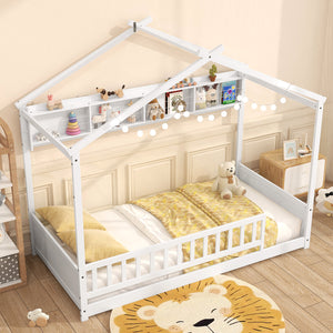 Twin Size House Bed with Storage Shelf and Headboard