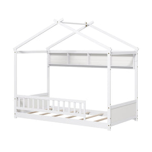 Twin Size House Bed with Storage Shelf and Headboard