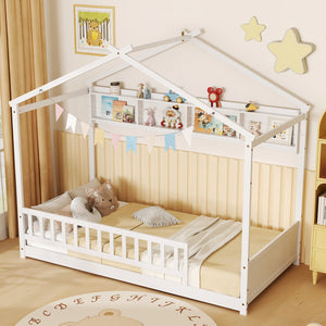 Twin Size House Bed with Storage Shelf and Headboard