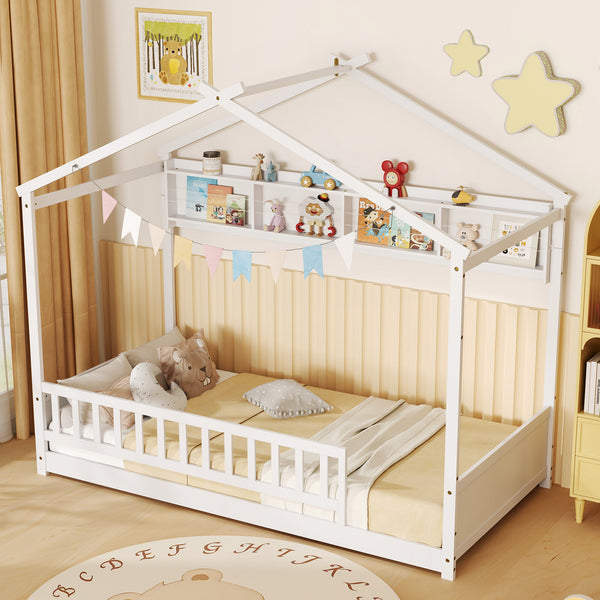 Twin Size House Bed with Storage Shelf and Headboard