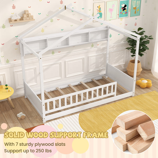 Twin Size House Bed with Storage Shelf and Headboard