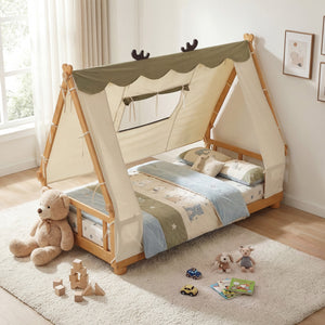 Twin Size House Floor Wood Bed with Tent